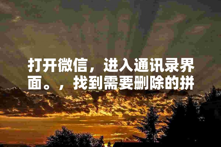 打开微信，进入通讯录界面。，找到需要删除的拼多多助力好友。，点击该好友的头像，进入聊天界面。，在聊天界面中，点击右上角的...按钮。，在下拉菜单中，选择删除好友。，确认删除操作，即可成功删除拼多多助力好友。，请注意，删除好友后，你将无法再与该好友进行聊天或查看其朋友圈等动态。请谨慎操作。