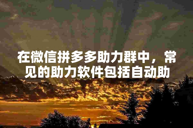 在微信拼多多助力群中，常见的助力软件包括自动助力机器人和互助任务平台。